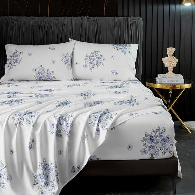 HYPREST Blue Floral Sheets Queen Size,18 inches Deep Pocket Sheets 1800 Thread Count, 4 Pieces Floral Bed Sheets Soft Breathable Aesthetic Farmhouse Shabby Chic Bed Sheets, Oeko-Tex Certificated.