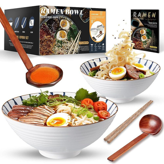 Ramen Soup Bowls Set of Ceramic,2 Sets of 34 Ounces Serving Bowls With Chopsticks and Spoons for Pasta Salad Cereal Mixing,Essential Dinnerware for New Apartments Suitable as Housewarming Gifts