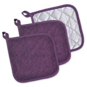 DII Cotton Terry Pot Holders, 7x7 Set of 3, Heat Resistant and Machine Washable Hot Pads for Kitchen Cooking and Baking-Eggplant