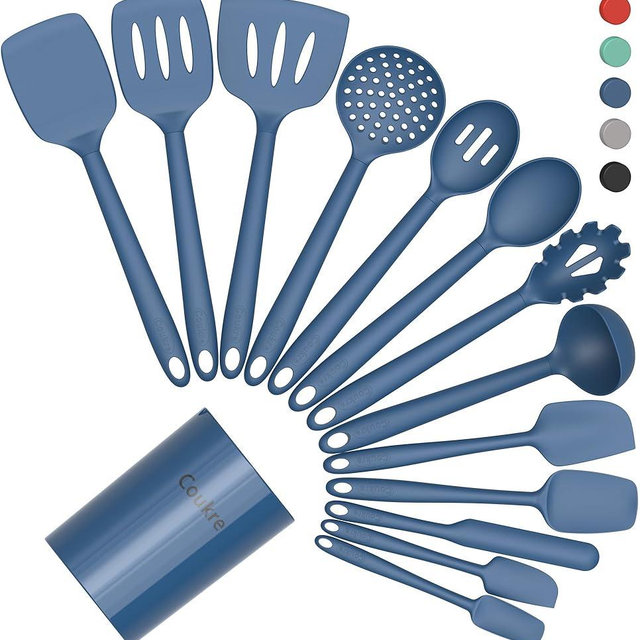 Coukre Silicone Kitchen Cooking Utensils Set with Holder – Heat-Resistant, Food-Grade Kitchen Tools, Spatula, Spoon & Gadgets for Non-Stick Pans, Dishwasher Safe (14, PureDarkBlue)