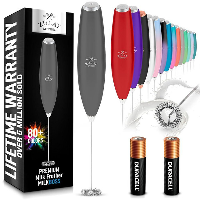 Zulay Kitchen Milk Frother Handheld Electric Whisk with AA Duracell Batteries – Durable Drink Mixer for Coffee, Lattes, Cappuccinos & More - Charcoal
