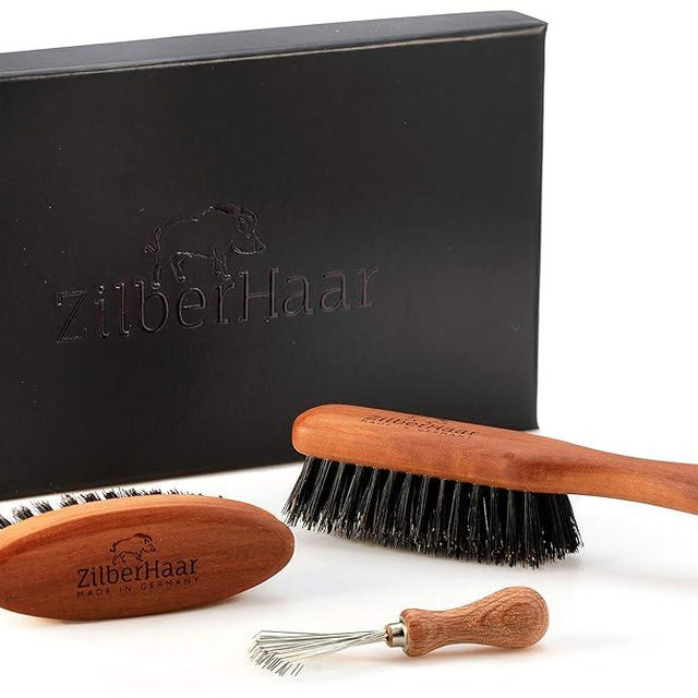 ZilberHaar Beard Brush Grooming Kit - Stiff Bristles Boar Bristles - Ideal for Medium to Long, Thick Beards - Distributes Balm & Oil for Growth/Styling - With Brush Cleaning Tool