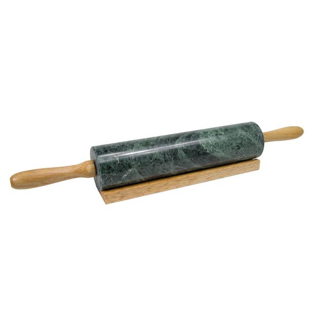 Fox Run 10-Inch Natural Marble Rolling Pin with Wooden Base, Green