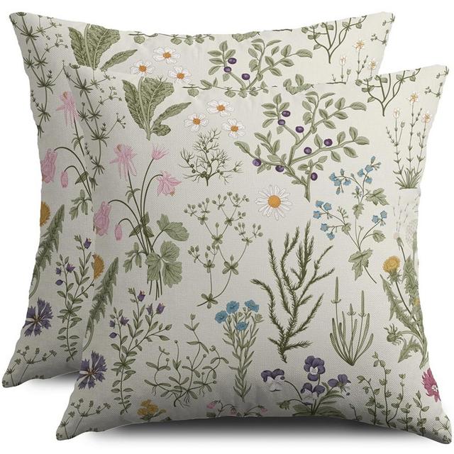 Smozenith Spring Floral Pillow Covers 18X18 Set of 2, Sage Green Flower Wildflowers Plant Botanical Print Decorative Throw Pillowcases Outdoor Farmhouse Seasonal Cushion Cases Couch Sofa Bed Decor