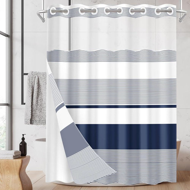 Nesphy No Hook Navy Blue Shower Curtain with Snap in Fabric Liner Set, Boho Striped Modern Double Layers Waterproof Fabric with See Through Top Window Open Grommet Bath Curtain 71x74 Inch