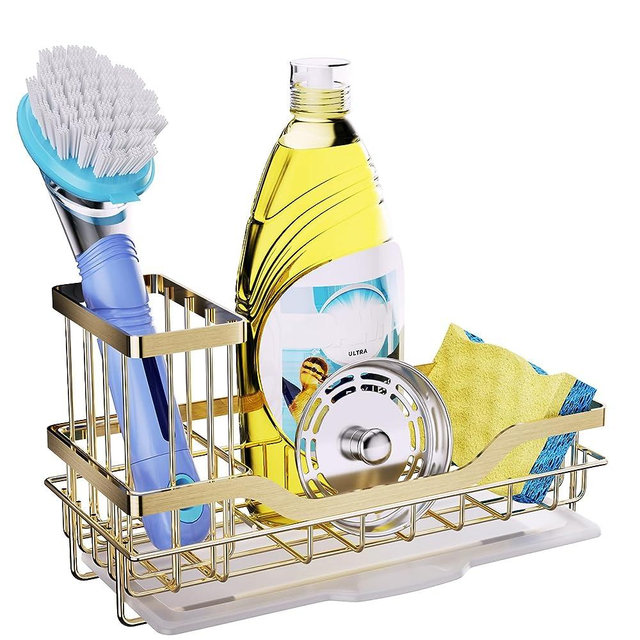 HapiRm Multifunctional Kitchen Sink Caddy with Detachable Brush Holder, Sink Organizer with Drawable Drain Tray, Rustproof Stainless Steel Sponge Holder for Kitchen Sink -Gold(8.26 * 3.62 * 4.72 in)