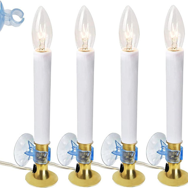 4E's Novelty 4 Pack Dusk to Dawn Electric Candles for Windows with Auto Sensor, and Plug in, Flameless Candles with Suction Cup Holder & Extra Bulb, Christmas Window Candles Bulk