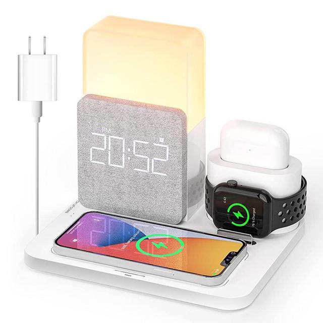 【2022 Newest UV-Coating】 Wireless Charging Station, 3 in 1 Charging Station, Alarm Clock with Wireless Charger, iPhone 12/13/14 Pro/13 Mini/13 Pro Max/12 pro, AirPods(QC3.0 Adapter Included)