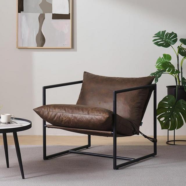 ZINUS Aidan Faux Leather Sling Accent Chair, Metal Framed Armchair with Shredded Foam Cushioning, Cocoa Brown