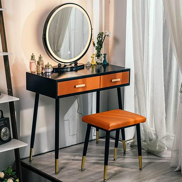 YOURLITE Makeup Vanity Table Set with 3 Modes Adjustable Lighted Mirror Cushioned Stool,Orange PU Leather Dressing Table