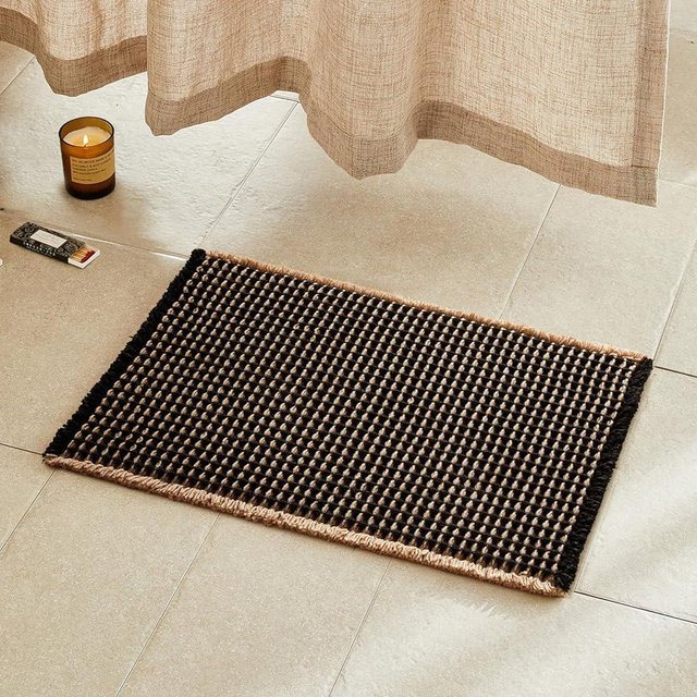 TYUU Waffle Bath Mat, Boho Bathroom Rugs Non Slip Washable Super Absorbent Quick Dry Bath Mat Farmhouse Bathroom Decor, 24"x16" Khaki and Black