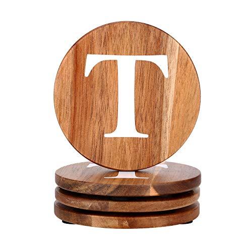 Wood Coasters Set, Natural Wooden letters Coasters for Drinks, Set of 4 Wood Coasters, Wedding Coasters, Personalized Coasters Customizable with Name, Monogrammed Letter T