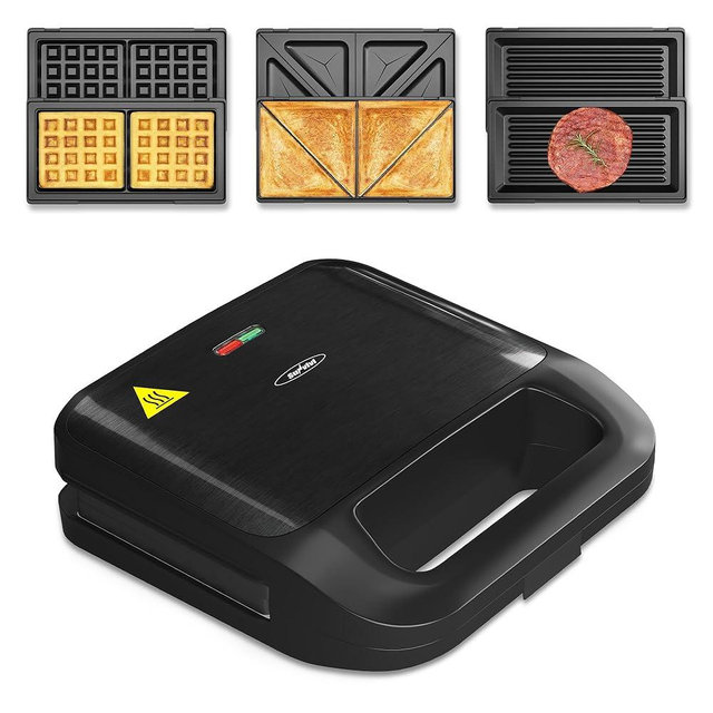 Sunvivi Sandwich Maker Panini Press: Waffle Maker with Removable Plates, 3 in 1 Sandwich Maker Press with Non-Stick Plates, Indicator Lights & Cool Touch Handle, 750W, Black