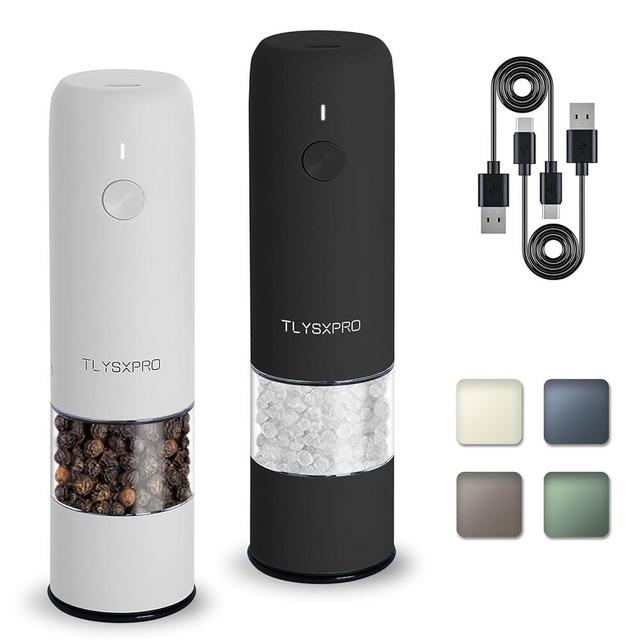 Small Electric Salt and Pepper Grinder Set, USB Rechargeable, Automatic Pepper Grinder Shakers Mill with Adjustable Coarseness, One Hand Operation for Kitchen Gadgets (2 Packs, Black&White)