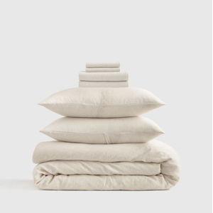 European Linen Stripe Deluxe Bedding Bundle in Natural/white Mini Pinstripe
