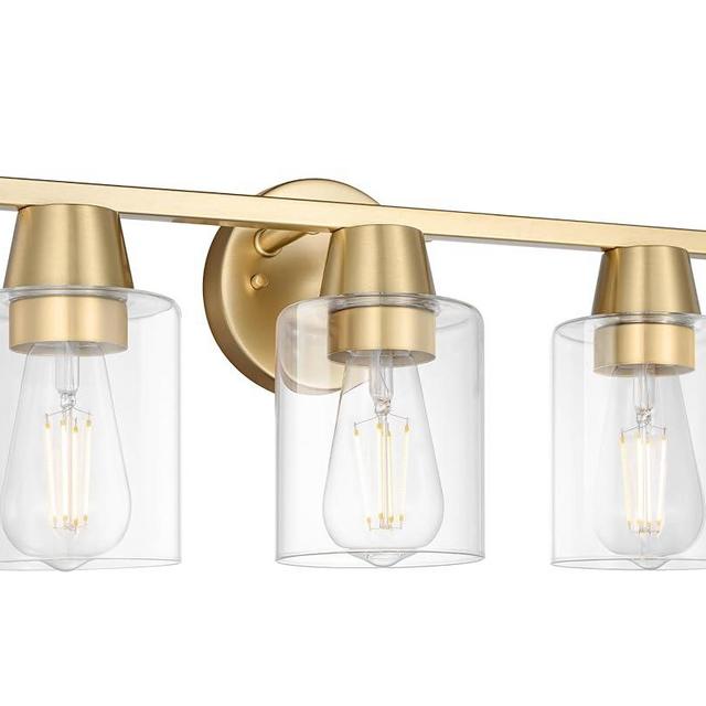CRAFTRONOS Modern Wall Sconces Lighting with Brass Finished Clear Glass Shade, Matte Gold 3 Vanity Light Over Mirror, Industrial Bathroom Light Fixtures for Living Room Hallway Kitchen Porch E26 Base
