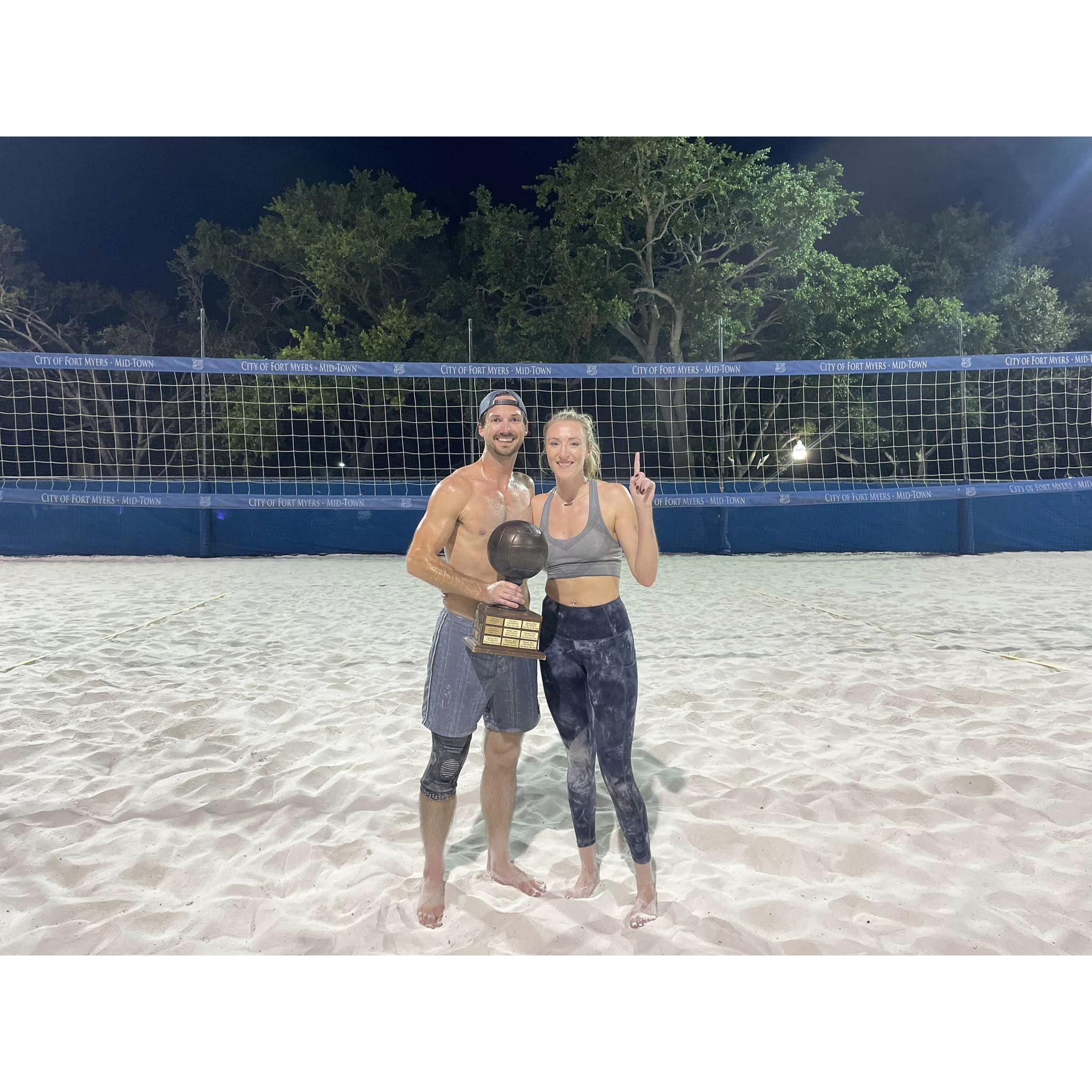 We won advanced coed in beach volleyball!