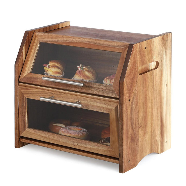 Double Layer Wooden Bread Box for Kitchen Countertop, Wooden Bread Storage Bin, Large Capacity Storage Container with Clear Windows