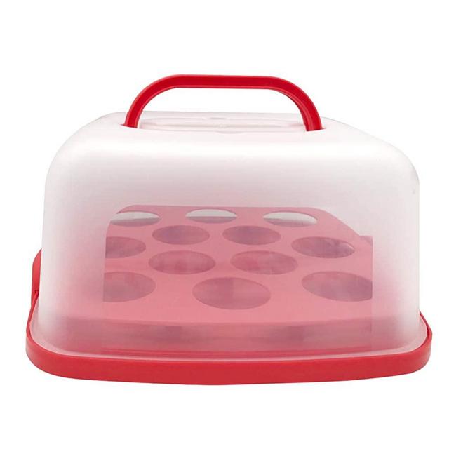 11 Inch Portable Square Cake Carrier with Handle and Cupcake Holder Tray Pie Saver Cupcake Container Translucent Dome for Transporting Cakes, Cupcakes, Cookies, Pies, or Other Desserts Red