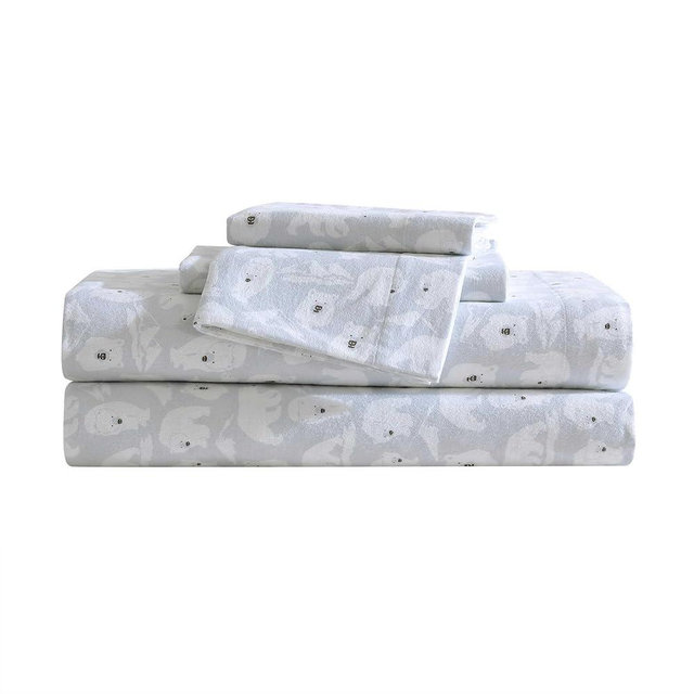 Eddie Bauer - Flannel Sheets Queen Size, Anti-Pilling & Wrinkle Resistant Cotton, Touchably Soft for All-Season Comfort - Bed Sheets with Matching Pillowcases & Fitted Sheet (Explorer Bears Grey)