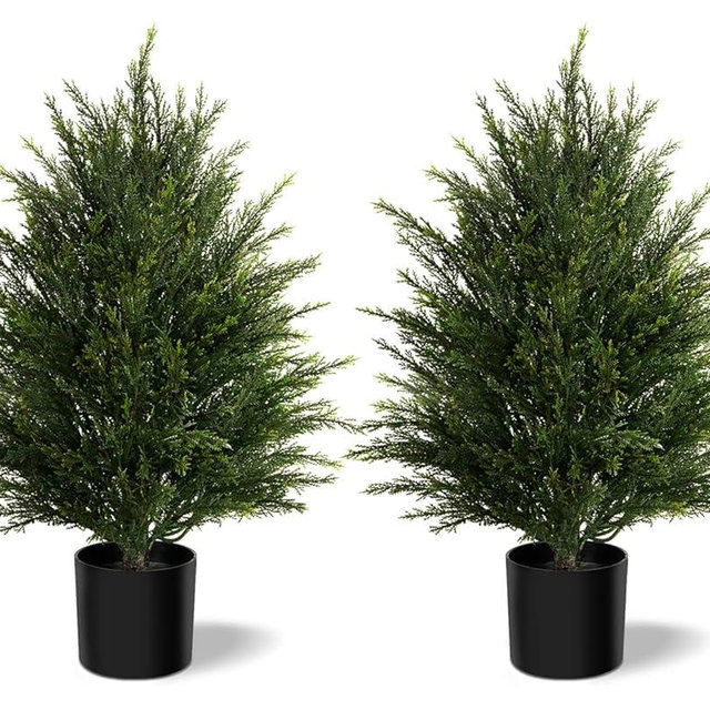 Mavis's Diary Artificial Topiary Ball Tree, Indoor Realistic Faux Boxwood Bush Potted Plants, Outdoor Fake Shrubs Cedar Evergreen Plants for Home Living Room Front Porch Decor (2, 2ft)