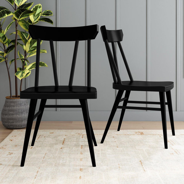Plank+Beam Windsor Dining Chair Set of 2, Solid Wood Chairs for Kitchen, Office, Living Room, Black