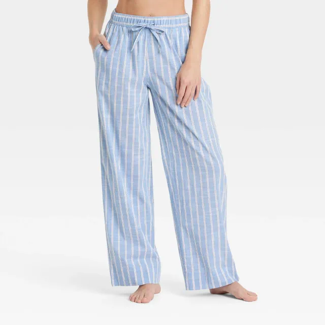 Women's Striped Cotton Blend Pajama Pants - Auden™ Blue M: Relaxed Fit, Lightweight Poplin, Ankle Length, Elastic Waistband