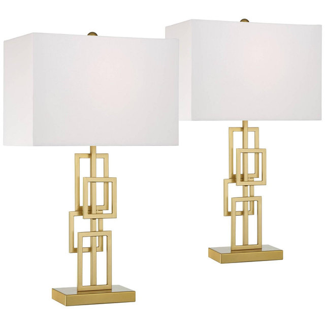 360 Lighting Golden Mid Century Modern Table Lamps 26" Tall Set of 2 Brushed Gold Open Grid Metal White Rectangular Shade for Bedroom Living Room House Home Bedside Nightstand Office Family