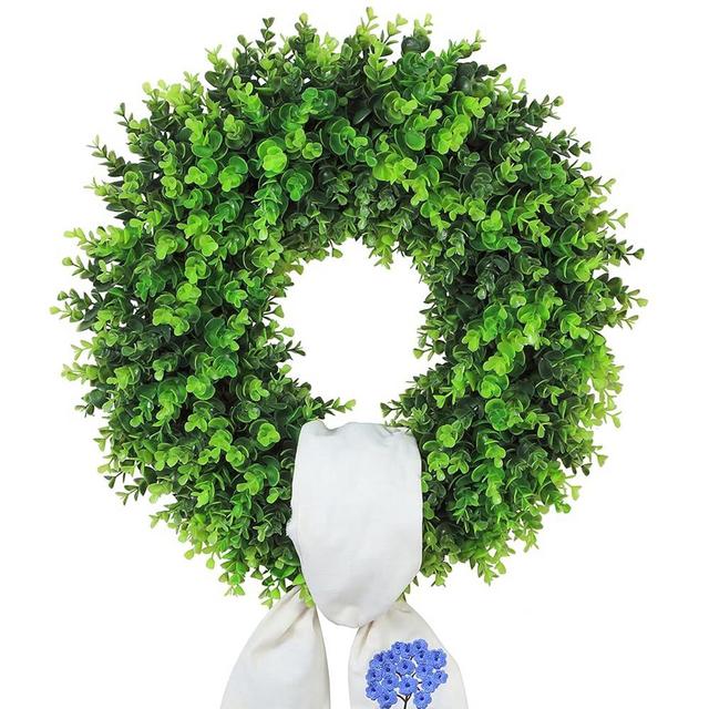 Boxwood Wreaths for Front Door Green Spring Summer Wreaths Farmhouse Door Hanger,Year Round Porch Decor, Wreath with sash Embroidered Hydrangea and Bowknot for Multi occasions-22inch