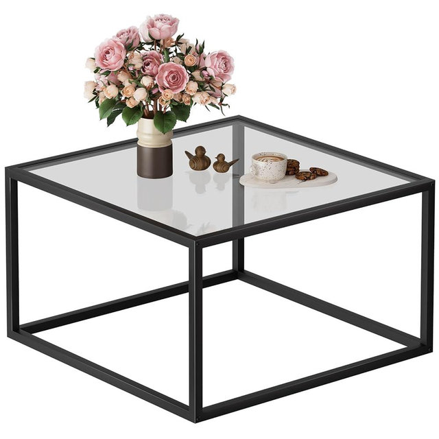 SAYGOER Glass Coffee Table Small Square Coffee Tables for Living Room, 26.7 inch Modern Center Table for Office Apartment, 5 MM Tempered Clear Glass Top, Black Metal Frame