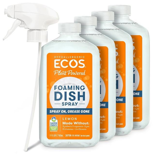 ECOS Foaming Dish Soap, Powerful Spray-On Formula, Saves Water, Wipe & Rinse Dish Cleaner - Hypoallergenic - Lemon, 17 Fl Oz (Pack of 4)