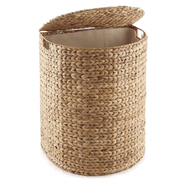 Casafield Half Moon Laundry Hamper with Lid and Removable Liner Bag - Natural, Woven Water Hyacinth Laundry Basket for Clothes and Towels