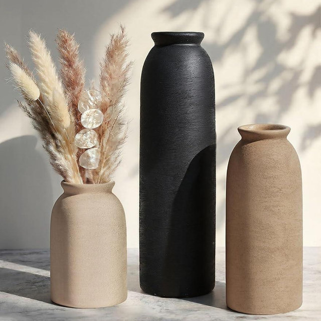 FancyPlus Ceramic Vase Set of 3, Small Flower Rustic Vase Home Decor Neutral Modern Farmhouse Boho Pampas Pottery Vases Decorative Centerpiece for Table Mantel Shelf Living Room Kitchen Bathroom