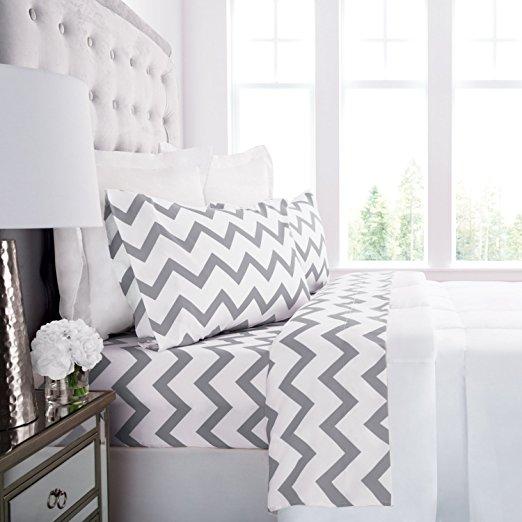 Prestige Linens 1800 Hotel Collection Chevron Pattern Bed Sheet Set - Deep Pockets, Wrinkle & Fade Resistant, Hypoallergenic Printed Sheet & Pillow Case Set - King - White/Light Gray