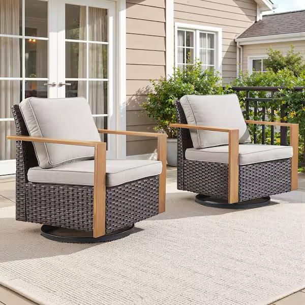 Gymojoy Allcot Brown Wicker Patio Swivel Chair Set Outdoor Rocking Chair with CushionGuard Beige Cushions (2-Pack） GM136-2