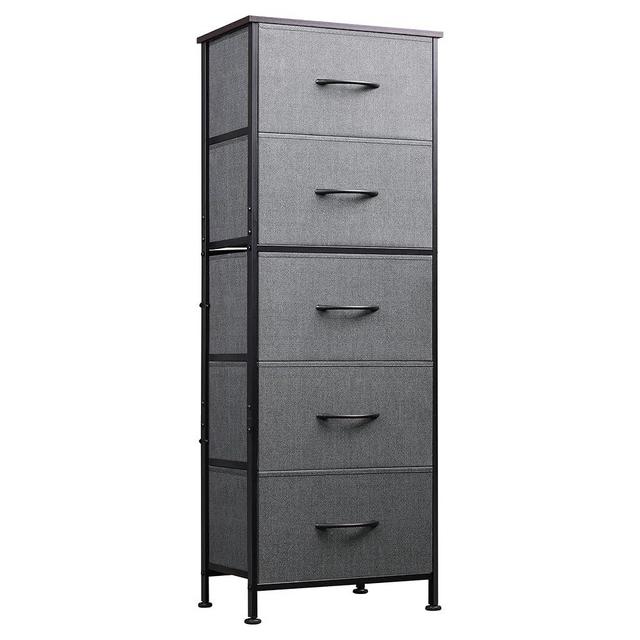 WLIVE Fabric Dresser, 5-Drawer Tall Dresser for Bedroom, Storage Dresser Organizer with Fabric Bins, Wood Top, Sturdy Steel Frame, Chest of Drawers for Closet, Hallway, Dark Grey