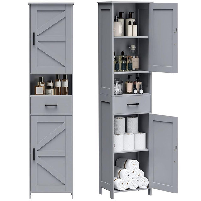 Homhedy 67" H Tall Bathroom Storage Cabinet with 2 Barn Doors and 1 Drawer, Narrow Storage Unit, Adjustable Shelves, Floor Cabinet for Bathroom, Living Room, Entryway, Kitchen, Gray, (15.7" W)