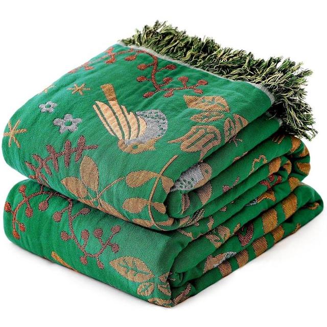 MSGKV Boho Throw Blanket 100% Cotton Green Blanket 90''x 98'' Double Sided Knit Blanket with Tassels Reversible Blanket Warm Soft Blanket Throw Blankets for Bed Sofa Living Room