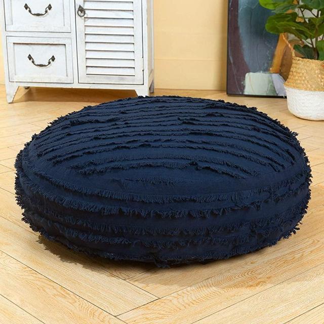 HIGOGOGO Large Boho Stripe Floor Cushion, 24" Round Cotton Linen Floor Pillow Seating with Tassel, Thickness: 8" Stuffed Pouf with Removable Cover Meditation Cushion for Adults, Navy Blue