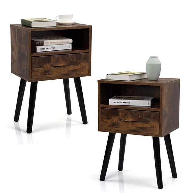 JAXPETY Set of 2 Wood Nightstand, End Table Side Table with Drawer and Shelf, Mid-Century End Table for Bedroom Living Room Home Office, Retro Brown and Black