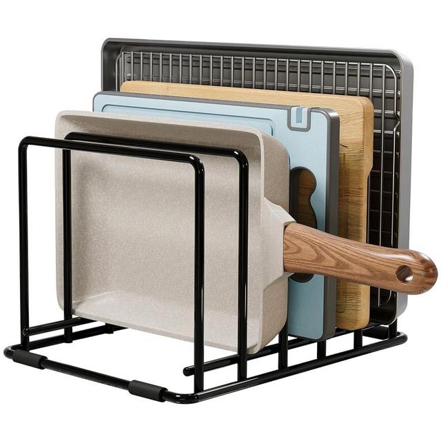 WUGEUSCH Kitchen Pan Organizer and Pot Rack, 5-Slot Steel Holder for Thin Pans, Baking Trays, and Cutting Boards - Space-Saving Storage