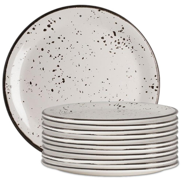 Creations Melamine Small Snack Plates, Steelite Heavy Duty Break Resistant Commercial Foodservice Restaurant, Urban Snow Coupe 6" Round, Black Rimmed, Rustic Flecked, Indoor Outdoor, 12 Set, White