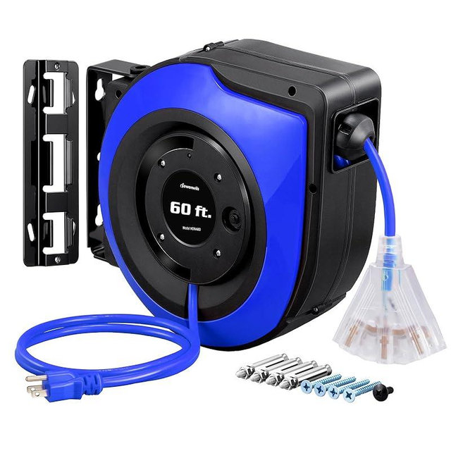 DEWENWILS Retractable Cord Reel, 60FT Heavy Duty Extension Cord, 12AWG/3C SJTOW, 3 Grounded Outlets Lighted Triple Tap, 15A Circuit Breaker, Wall/Ceiling Mounted for Garage, Workshop, UL Listed, Blue