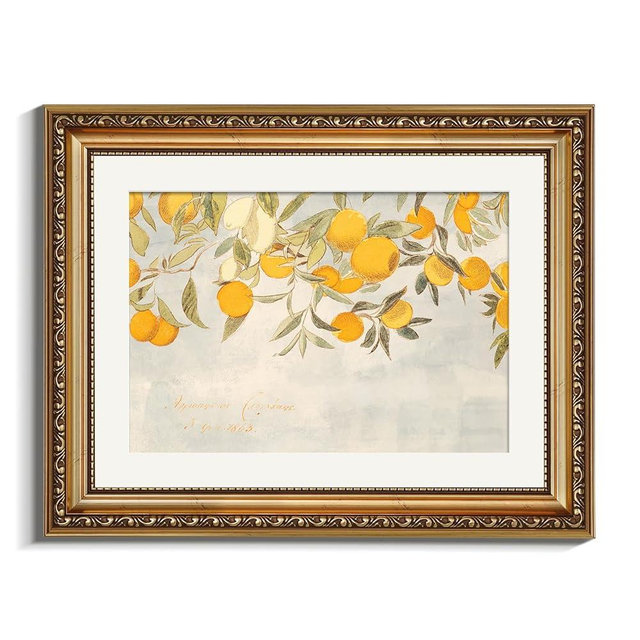 VIYYIEA Gold Framed Vintage Botanical Citrus Fruits Canvas Wall Art, Mediterranean Orange Tree Branch Illustration for Kitchen or Dining Room | Lightweight No Glass, Classic Decor | 11x14 Inch