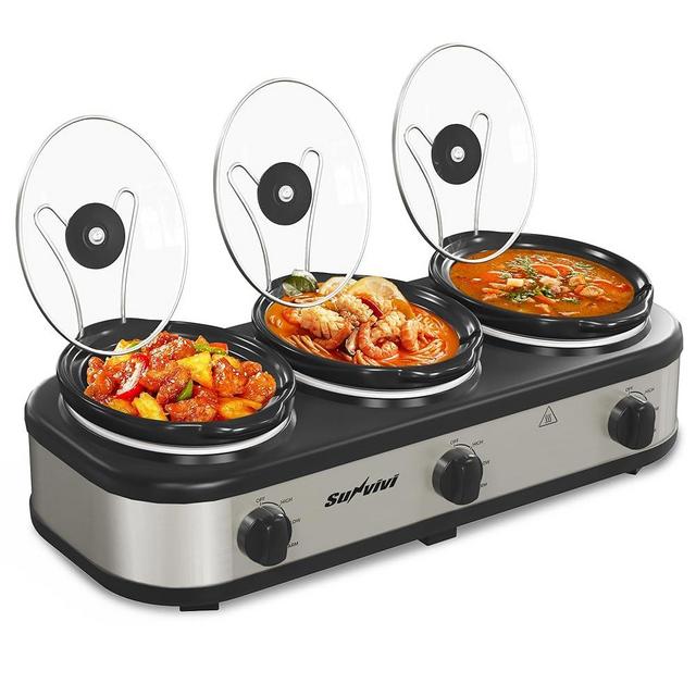 Sunvivi Triple Slow Cooker, Buffet Server and Food Warmer, Small Mini Pot with 3 Adjustable Temp & 3 Visible Glass Lids, for Parties, Holidays and Entertaining, Stainless Steel, Total 4.5 QT