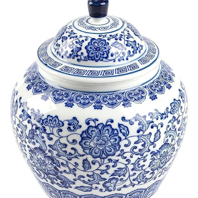Blue and White Ginger Jar, Ceramic Chinoiserie Decorative Jars for Home, Office, Ginger Jar Vase Pocelain for Table, Living Room, Bookshelf, Mantle Fireplace, Centerpiece,7"