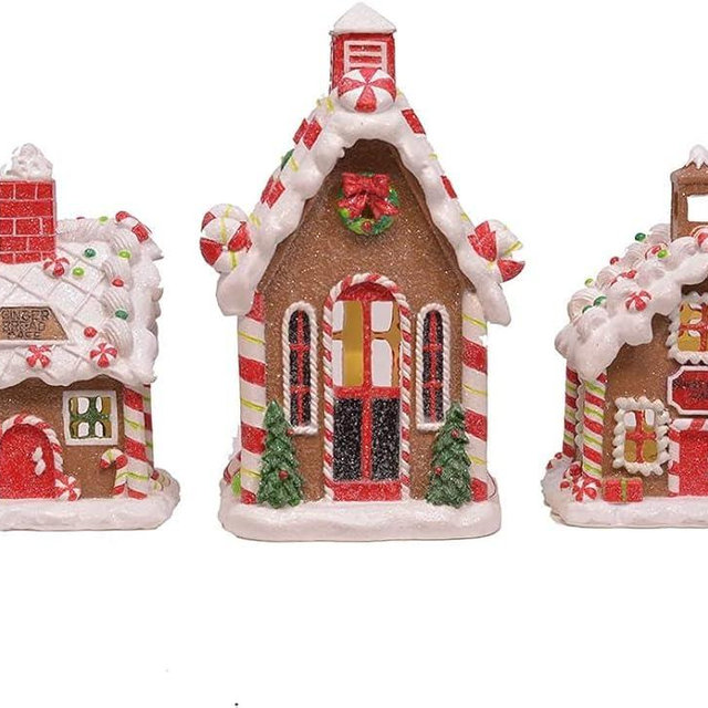 Mark Feldstein & Associates Gingerbread Village Red 6 inch Porcelain Holiday Tea Light Figurines Set of 3