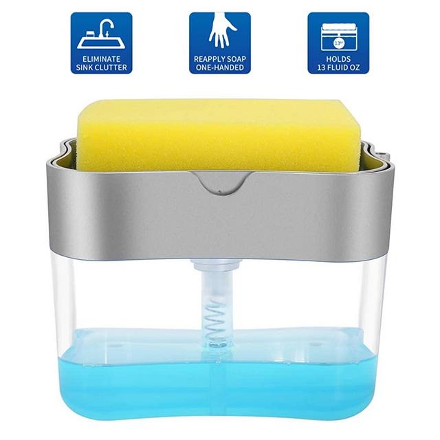 Aeakey Soap Pump Dispenser and Sponge Holder for Kitchen Sink Dish Washing Soap Dispenser 13 Ounces (Silver)