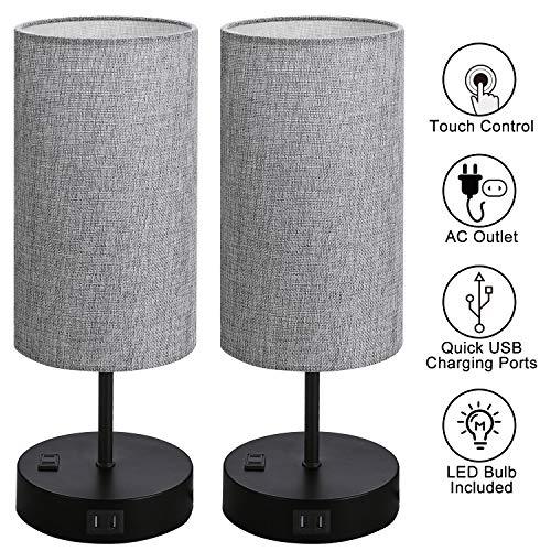 Set of 2 Touch Control Bedside Table Lamp, 3-Way Dimmable Nightstand Lamps with 2 USB Charging Ports&1 AC Outlet, ST64 E26 LED Bulbs Included, Grey Fabric Cylinder Shade Ideal for Bedroom Living Room