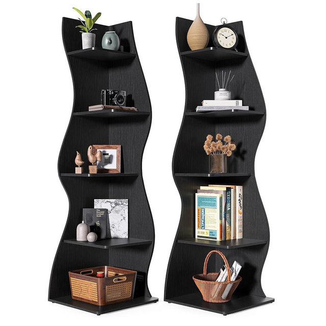 LITTLE TREE Small Corner Shelf, Modern 5-Tier Wall Corner Bookshelf, Stylish Bookcase Storage Rack for Small Space, Living Room, Bedroom, Black, 2 Pack